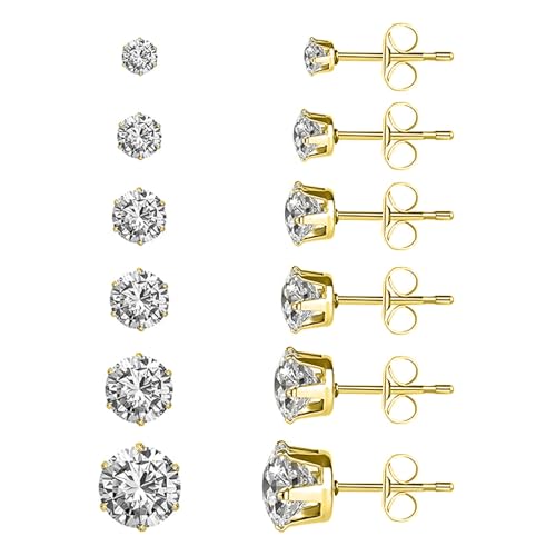 Stud Earrings Set, Round Clear Cubic Zirconia Ear Studs for Women and Men Sensitive Ears Stainless Steel CZ Earrings Hypoallergenic Cubic Zirconia Earrings Set Small Piercing Earring, 6 Pairs - color: Golden-6-claw