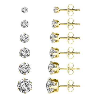 Stud Earrings Set, Round Clear Cubic Zirconia Ear Studs for Women and Men Sensitive Ears Stainless Steel CZ Earrings Hypoallergenic Cubic Zirconia Earrings Set Small Piercing Earring, 6 Pairs - color: Golden-6-claw
