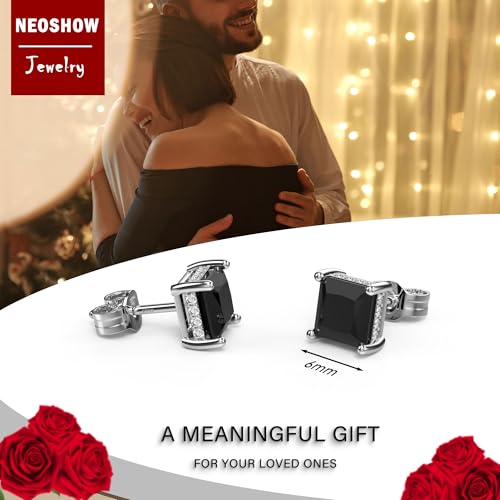 Princess Cut Cubic Zirconia Stud Earrings for Men Women | Square CZ Simulated Diamond Studs, 18K White Gold Plated Sterling Silver, Hypoallergenic - color: Black, size: 6MM