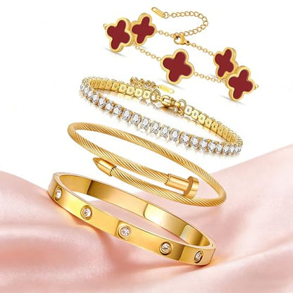 Gold Bracelets for Women, 18K Gold Plated Women Tennis Bracelets Clover Nail Love Bangle Bracelet Set, Gold Bracelet Stackable Set Trendy Jewelry, Gifts for Women's Day and Mother's Day - color: 12-Color- 4 Red