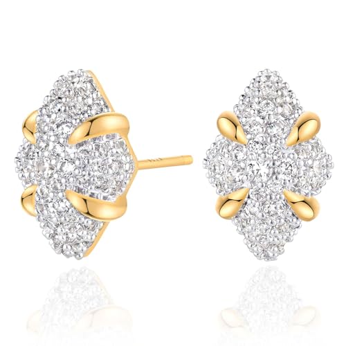 MEVECCO Pave Cubic Zirconia Stud Earrings for Women, 18K Gold Plated Brass | Pave CZ Fronts, Curved Gold Plated Edge Accents, Soft Motifs and Clean Geometric Styles - style: rhombus