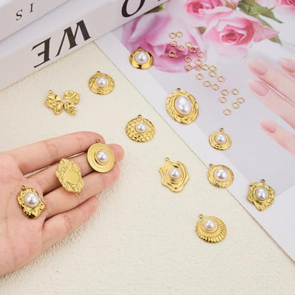 UMAOKANG 13pcs Artificial Pearl Charms for Jewelry Making Gold Plated Stainless Steel Bulk Charms with 20pcs Jump Rings - color: Pearl Gold