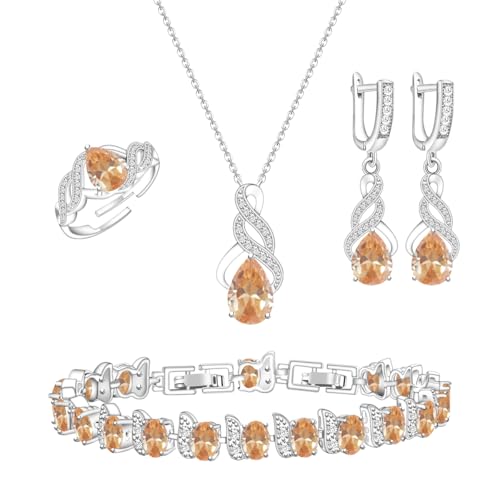 LMXXVJ Jewelry Set for Women,Teardrop Cubic Zirconia Necklace Earrings Adjustable Ring Bracelet Jewelry Set Formal Jewelry Gift - color: MHSD-White Gold-Champagne