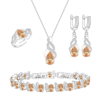 LMXXVJ Jewelry Set for Women,Teardrop Cubic Zirconia Necklace Earrings Adjustable Ring Bracelet Jewelry Set Formal Jewelry Gift - color: MHSD-White Gold-Champagne