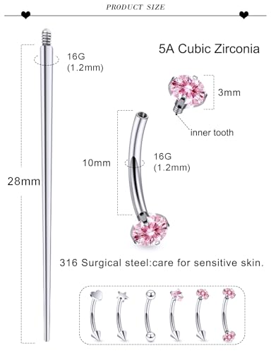 16G Eyebrow Ring Piercing Jewelry Surgical Steel Internal Thread CZ Heart Star Vertical Labret Lip Ring Rook Daith Earrings Belly Button Ring Piercing Jewelry for Women Silver Black Gold - color: Pink, size: 16G, 10mm Length, 3mm CZ