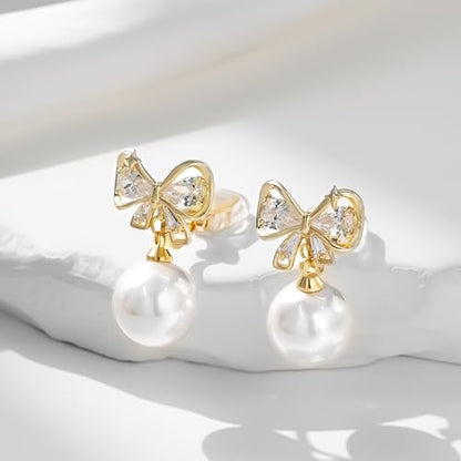 YOQUCOL Golden Bow Clip On Stub,Danle Drop Earrings for Women Simulated Pearl Christmas Xmas Bowknot Non Pierced Earrings - color: Dangle Clip-01