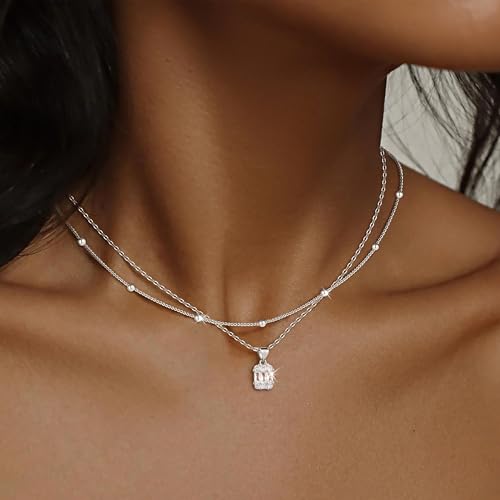 Layered Dainty Necklaces for Women Set, 14K Gold Silver Plated Choker Chain Simple Pendant Necklace Stackable, Trendy Prom Jewelry Gifts for Women - color: Diamond1-Silver