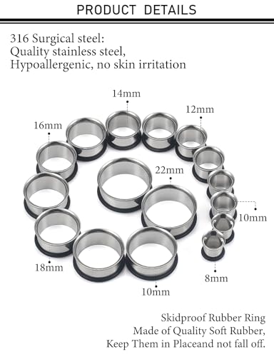 12G-25mm Single Flared Gauges Tunnels Stretching Kit 316L Surgical Steel O-ring Ear Gauges Plugs Earring Lobe flesh Tunnel Gauge Stretcher Silver Black Gold Color Tone - color: Silver, size: 0g/00g/12mm14mm/16mm/18mm/20mm/22mm