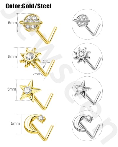 20g L Shaped Nose Rings Studs 4Pcs 316L Surgical Steel Nose Piercing Jewelry Gold Piercing for Women Men - color: gold