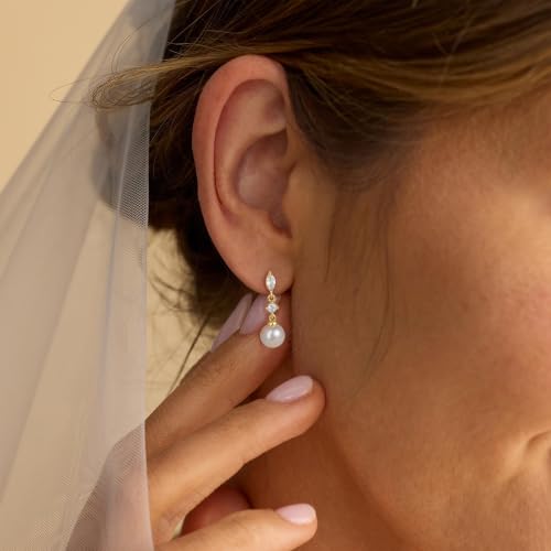 Pearl Earrings for Women:Gold Wedding Dangle Drop Earring Pearl Jewelry | 14K Gold Plated Pearl Drop Earrings for Women,Dainty Wedding Bride Earring Studs,Gold Dangle Drop Earring,Waterproof Jewelry - size: 1 pcs-17