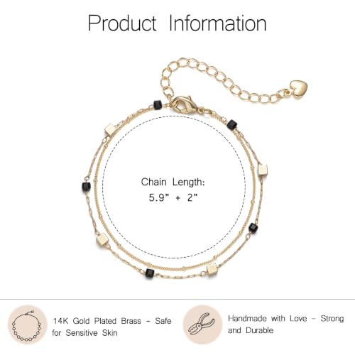 Gold Bracelets for Women Dainty 14K Gold Plated Layered Chain Bracelets Turquoise Green Aventurine Crystal Beaded Bracelets for Women - color: Black & Gold