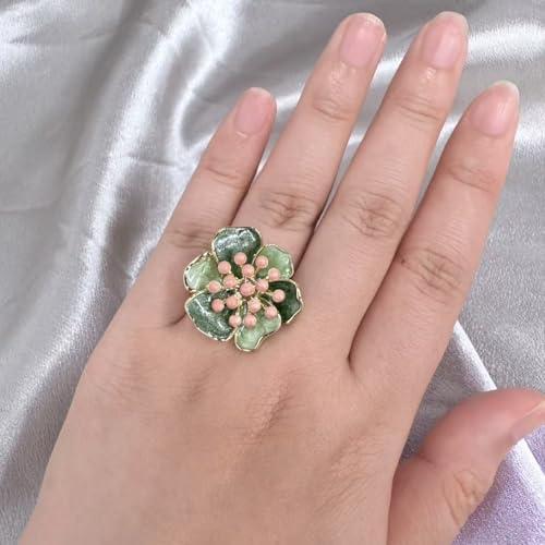 Kokoma Vintage Camellia Flower Statement Ring for Women Shiny Green Enamel Floral Ring Engagement Eternity Rings Wedding Band Adjustable Fashion Jewelry