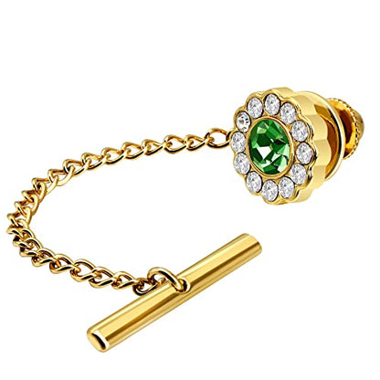 AMITER Crystal/Pearl Tie Tack with Chain, Gold Mens Tie Pin Necktie Pins Lapel Pin for Wedding Birthday Anniversary Party - color: 24k Gold+Light Green Crystal