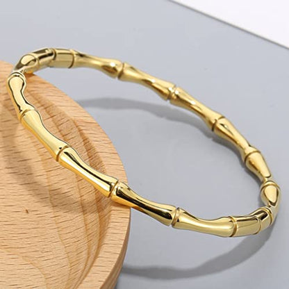 JUDE Stainless Steel Bamboo Style Classic Plain Open Clasp Bangle Bracelet - color: Gold