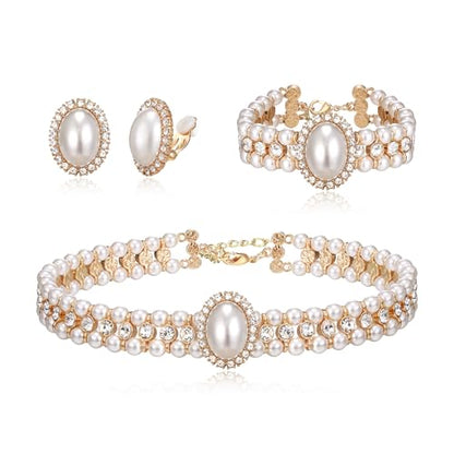 BriLove 1920s Costume Jewelry Set for Women,Vintage Multilayer Simulated Pearl Crystal Necklace Bracelet Earrings Cosplay Party Accessories - style: Clip-On