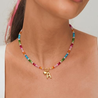 Initial Necklace for Women Colorful Beaded Necklaces Initial Heart Bubble Letter Necklace Summer Necklace Jewelry Gift - color: A'