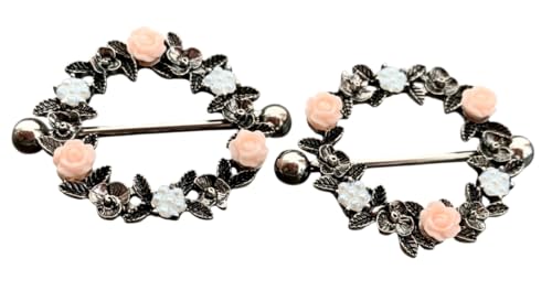 PAIR of Unique Floral Wreath 316L Surgical Steel Nipple Shields - Ring -14g - Body Jewelry - color: Silver