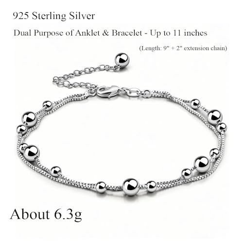 925 Sterling Silver Double Layer Box Chain Beaded Anklet | Italian Style Chain, Dual-purpose Anklet/Bracelet with Lobster Clasp, Adjustable Up to 11 Inches for Women