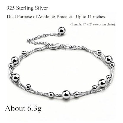 925 Sterling Silver Double Layer Box Chain Beaded Anklet | Italian Style Chain, Dual-purpose Anklet/Bracelet with Lobster Clasp, Adjustable Up to 11 Inches for Women