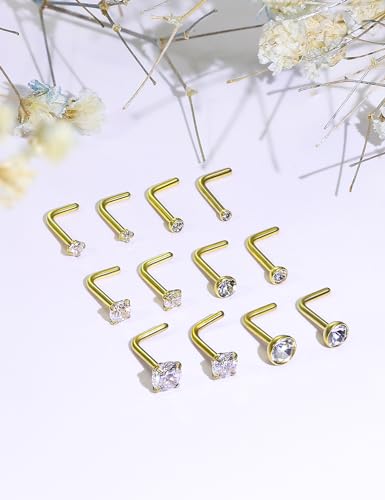 18G 20G 22G 24G Nose Rings Studs 316L Surgical Steel L Shaped Nose Nostril Studs Piercing Jewelry for Women Men Silver Gold Black CZ 1.5mm 2mm 2.5mm 3mm 3.5mm 4mm - style: Gold-20G(0.8mm)-7mm Bars-1.5mm 2mm 2.5mm 3mm 3.5mm 4mm CZ