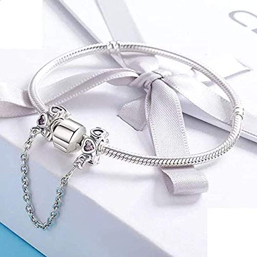 Heart Safety Chain Charms 925 Sterling Silver Love Beads fit Bracelet & Necklace - color: Pink