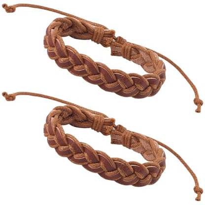 2PCS Adjustable Cowhide Woven Rope Bracelets for Men Women Punk Braided Genuine Leather Wrap Wristband Rustic Wrist Band Cuff Bracelet for Daily Wear Costume Party Gift(Brown) - color: Brown