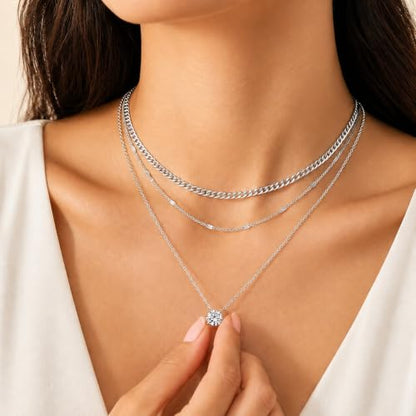 14K Gold Plated Necklace and Earrings Set for Women, 4-Piece | Layered Choker Necklace with CZ Stud Earrings, Gold Jewelry Set, Hypoallergenic Jewelry Gift for Women - color: Silver