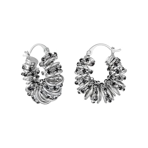 Statement Earrings for Women | Chunky Gold Hoops Rhinestone Thick Hoop Earrings 14K Gold Plated Hypoallergenic - color: Silver-Black