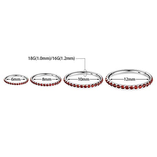 FUNLMO 20G 18G 16G 12G Nose Ring Hoop Conch Rook Daith Helix Tragus Piercing Jewelry 316L Surgical Steel Cartilage Earring Conch Hoop Earring Septum Jewelry Belly Lip Ring 5mm to 14mm - color: Silver-Red CZ, 1pc