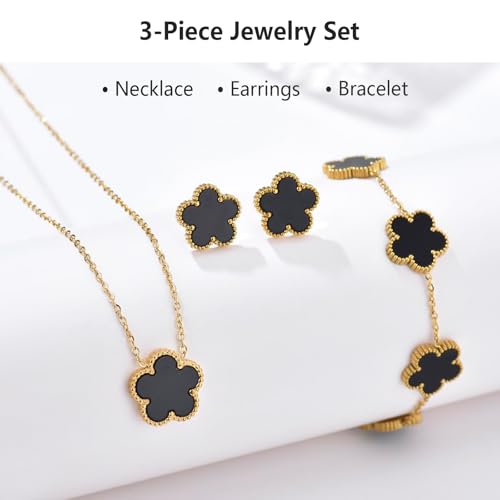 Clover Jewelry Set for Women, 18K Gold Plated Necklace Bracelet & Stud Earrings Set, Stainless Steel Non Tarnish Gold Jewelry Set, Lucky Necklace and Earring Set Gift for Her - color: Black