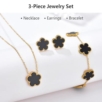 Clover Jewelry Set for Women, 18K Gold Plated Necklace Bracelet & Stud Earrings Set, Stainless Steel Non Tarnish Gold Jewelry Set, Lucky Necklace and Earring Set Gift for Her - color: Black