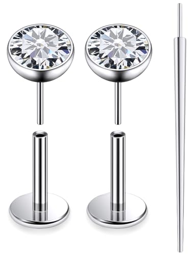 20G 18G 16G F136 Titanium Threadless Flat Back Earrings Nose Studs Tragus Forward Helix Conch Cartilage Lobe Earrings Medusa Labret Snake Bite Monroe Lip Ring Piercing Jewelry For Women Men - size: 20G-6MM Bar-CZ 4MM