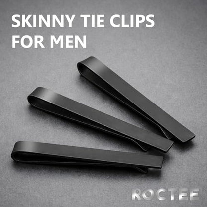 Roctee Skinny Tie Clip, 3 Pack Tie Bar Tie Clips For Men Low-Key Matte Black Elegant Necktie Pinch Clips For Business Meeting Graduation Ceremony Wedding Anniversary Party - color: Matte Black