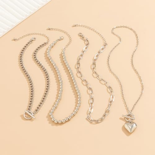 CSIYANJRY99 Layered Gold Necklaces for Women Chunky Gold Necklace Stack Layered Cuban Paperclip Snake Chain Necklace Retro Coin Dainty Pendant Toggle Clasp Necklace - style: Silver Beaded Heart
