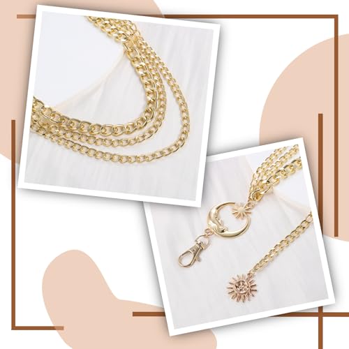 3 Layered Metal Waist Chain Belt for Women Moon & Sun Belly Belt Body Chain Jewelry for Dress Jeans - color: 02 Gold