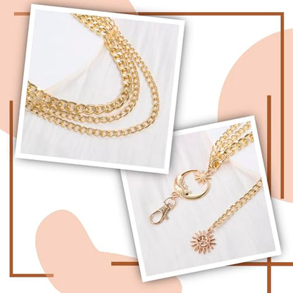 3 Layered Metal Waist Chain Belt for Women Moon & Sun Belly Belt Body Chain Jewelry for Dress Jeans - color: 02 Gold