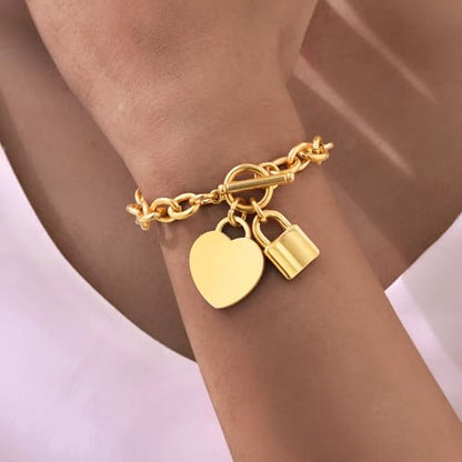 VNOX Personalized Initial Name Stainless Steel Trendy Cable Chain Bracelet Neckalce Set with Padlock Heart Charm and Toggle Clasp Closure - color: Gold Necklace+Bracelet