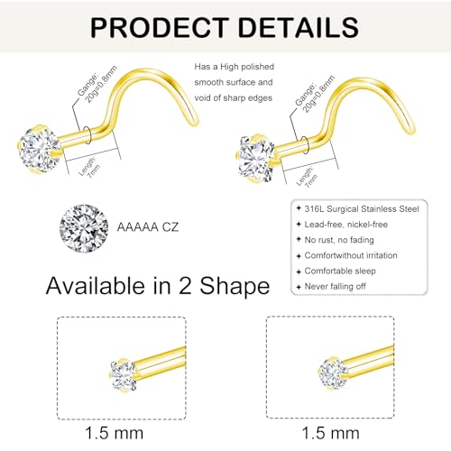 20G Nose Rings Studs for Women Corkscrew Sliver Nose Studs Hypoallergenic Nose Rings 316L Stainless Steel Nose Nostril Percing Jewely for Women Men Round Square CZ Imitation Diamond 1.5mm/2.0mm/2.5mm/3.0mm - style: 20G-corkscrew-gold-1.5mm