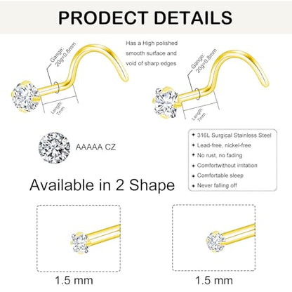 20G Nose Rings Studs for Women Corkscrew Sliver Nose Studs Hypoallergenic Nose Rings 316L Stainless Steel Nose Nostril Percing Jewely for Women Men Round Square CZ Imitation Diamond 1.5mm/2.0mm/2.5mm/3.0mm - style: 20G-corkscrew-gold-1.5mm