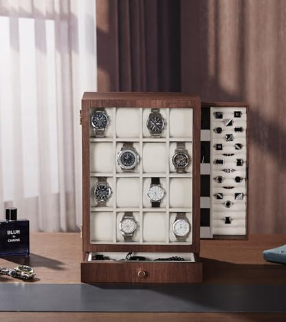 Homde Wooden Watch Box for Men: Display Case with 16 Slots | Organizer for Watches Glasses Jewelry - Nightstand Dresser Display-Clear Dustproof Window for Easy Viewing (L Size) - size: L