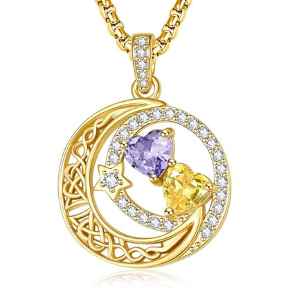 14K Gold Moon and Star Double Birthstone Necklace Gifts for Women | 2 Heart Birthstone Necklace,Mothers Day Wedding Anniversary Birthday Gifts for Wife Mom Daughter Grandma Sister - color: 06-11-Jun-Nov Birthstone