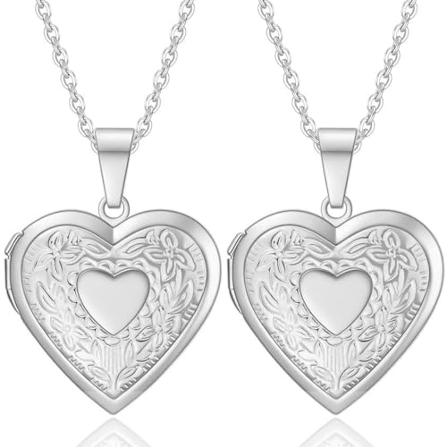2 Pcs Locket Necklace that Holds Pictures Stainless Steel Locket Pendant Necklace Image Chain Necklaces for Women - color: Love Heart 1
