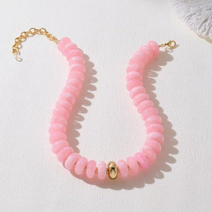 Chunky Colorful Bead Necklace Summer Fashion Statement Boho Beaded Chunky Necklace for Women Adjustable Length Lightweight Cool Suitable for Beach Vacation Daily Wear & Summer Parties - color: Pink