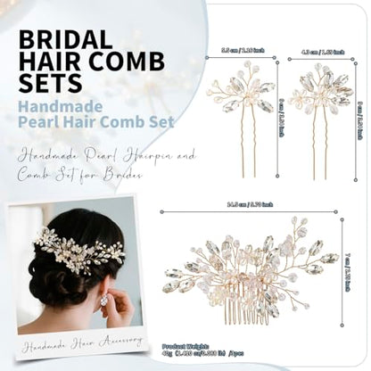Wedding Hair Accessories Crystal bridal hair pins Rhinestone Pearl hair comb Brides and Bridesmaids, Girls, Women(Gold) - color: Gold