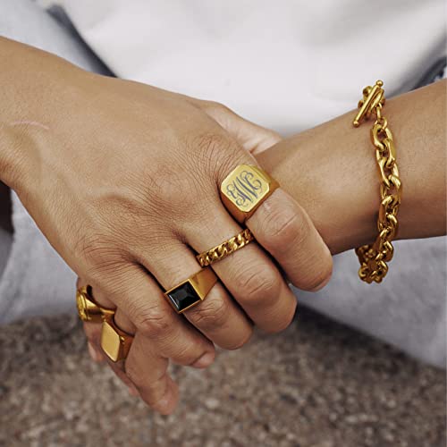 GoldChic Jewelry Personalized Signet Rings Men Women, Stainless Steel Custom Photo Bold Square/Oval Monogram/Old English Initial Pinky Stacking Statement Ring in Black/Silver/Gold (Size 7-14) - color: Gold-Monogram -Square