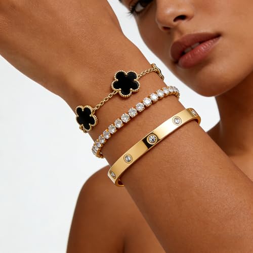 Gold Bracelet Stack,18K Gold Plated Clover Bracelet Love Gold Bangles Tennis Bracelet,3Pcs Gold Bracelets for Women Trendy Non Tarnish Gold jewelry for Women Gift - color: BLACK