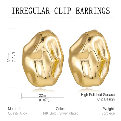 REELMAR Chunky Geometric Clip On Earrings for Women Trendy Gold-Plated Thick Hammered Rectangle Dupes Earrings Minimalist Statement Earrings No Piercing Clips - color: Irregular-Gold