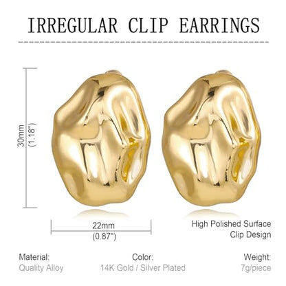 REELMAR Chunky Geometric Clip On Earrings for Women Trendy Gold-Plated Thick Hammered Rectangle Dupes Earrings Minimalist Statement Earrings No Piercing Clips - color: Irregular-Gold