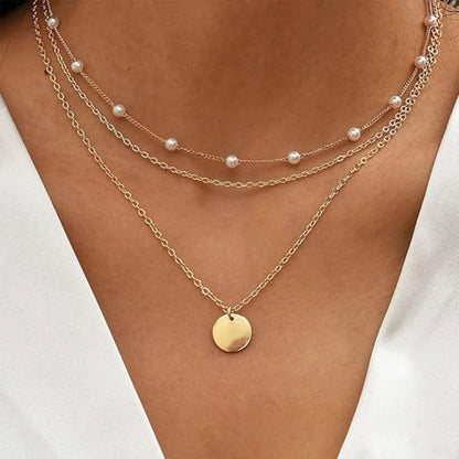 3Pcs Gold Circle Pendant Necklace Set Dainty Layered Stacked Pearls Chain Choker Necklace Trendy Birthday Jewelry Accessory Gift for Women - color: Gold Pearl