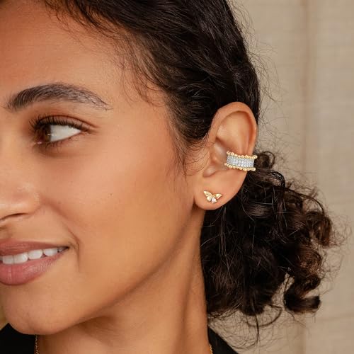 Sparkle Ear Cuff for Women, Non Piercing Single | 14K Gold Plated Brass, Clear Cubic Zirconia Accents, Fixed 3.8-3.9 mm Opening, Single Non-Piercing Cuff For Ear Stacks - style: Beaded Glow